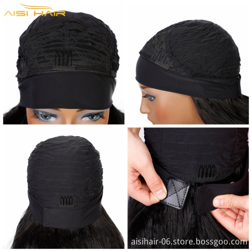 Aisi Dropshipping Glueless Long Body Wave Black Wavy Half Wigs No Lace For Black Women Synthetic Elastic Attached Headband Wig